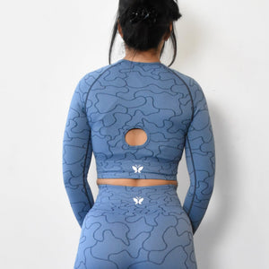 Blue camouflage Top. Crop Top. Long Sleeve Crop top. Long Sleeve Blue Crop Top | <Monarch Athletic Wear>